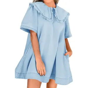 Goranbon Womens Summer Denim Mini Dress Oversized Peter Pan Collar Short Sleeve Casual Flowy Babydoll Jean Dresses