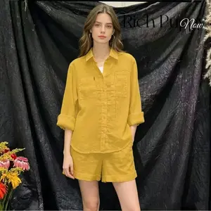 Spring and Autumn Plus Size Loose Fit Casual Stylish Youthful Fashion Cotton Linen Solid Color Shirt Set Clothes Suits