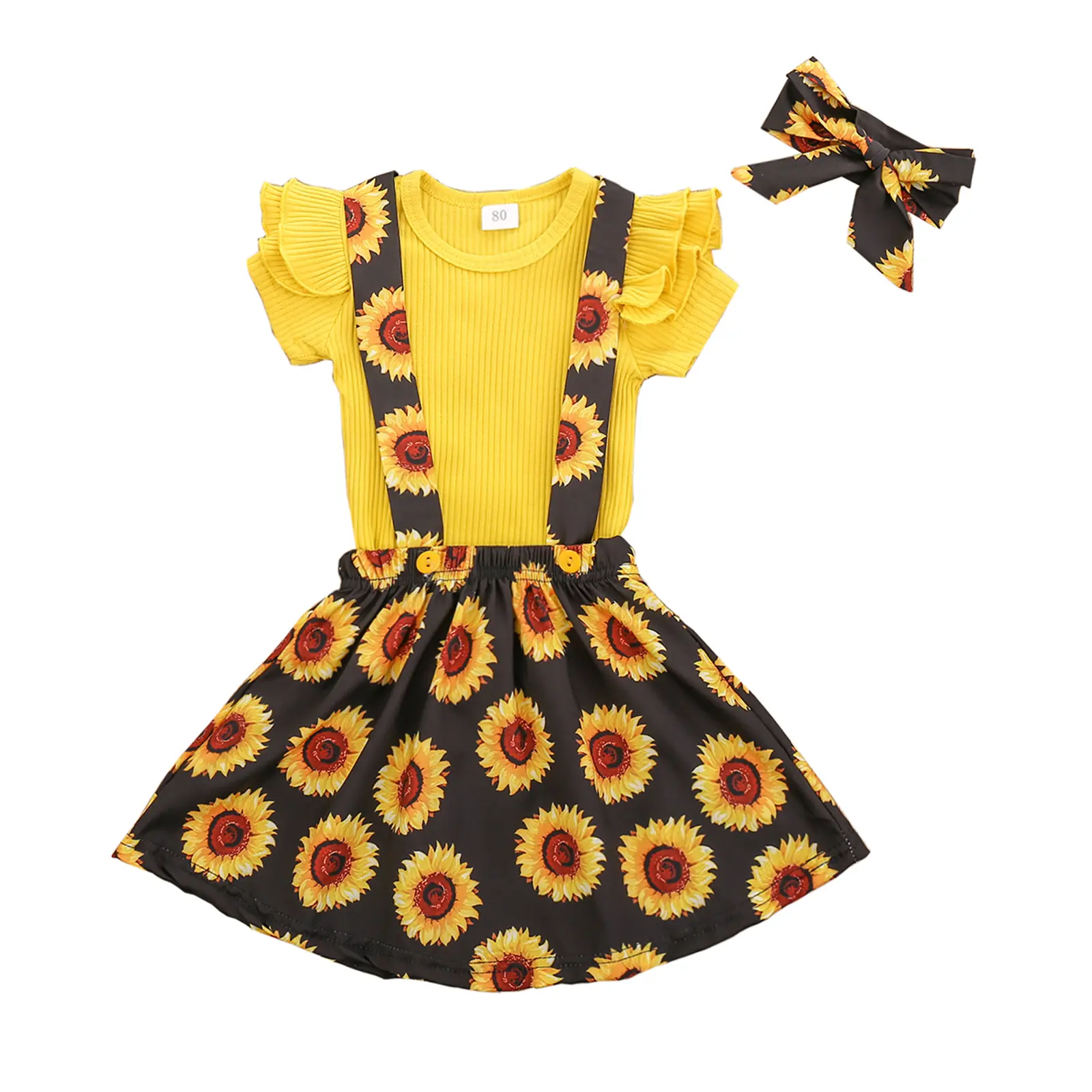 Toddler Girls' 3-Piece Summer Outfit, Floral Print Skirt Set with Cotton Ribbed Ruffle Sleeve Top and Matching Headband, Kids Style