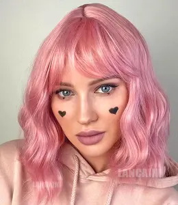 Pastel Bob Wigs with Bangs for Women Loose Wavy Pastel Shoulder Length Bob Synthetic Cosplay Wig for Girl Colorful Costume Wigs Orange Daily Party Use 12inch 210g High-Quality Synthetic Fiber Breathable Rose Net Cap