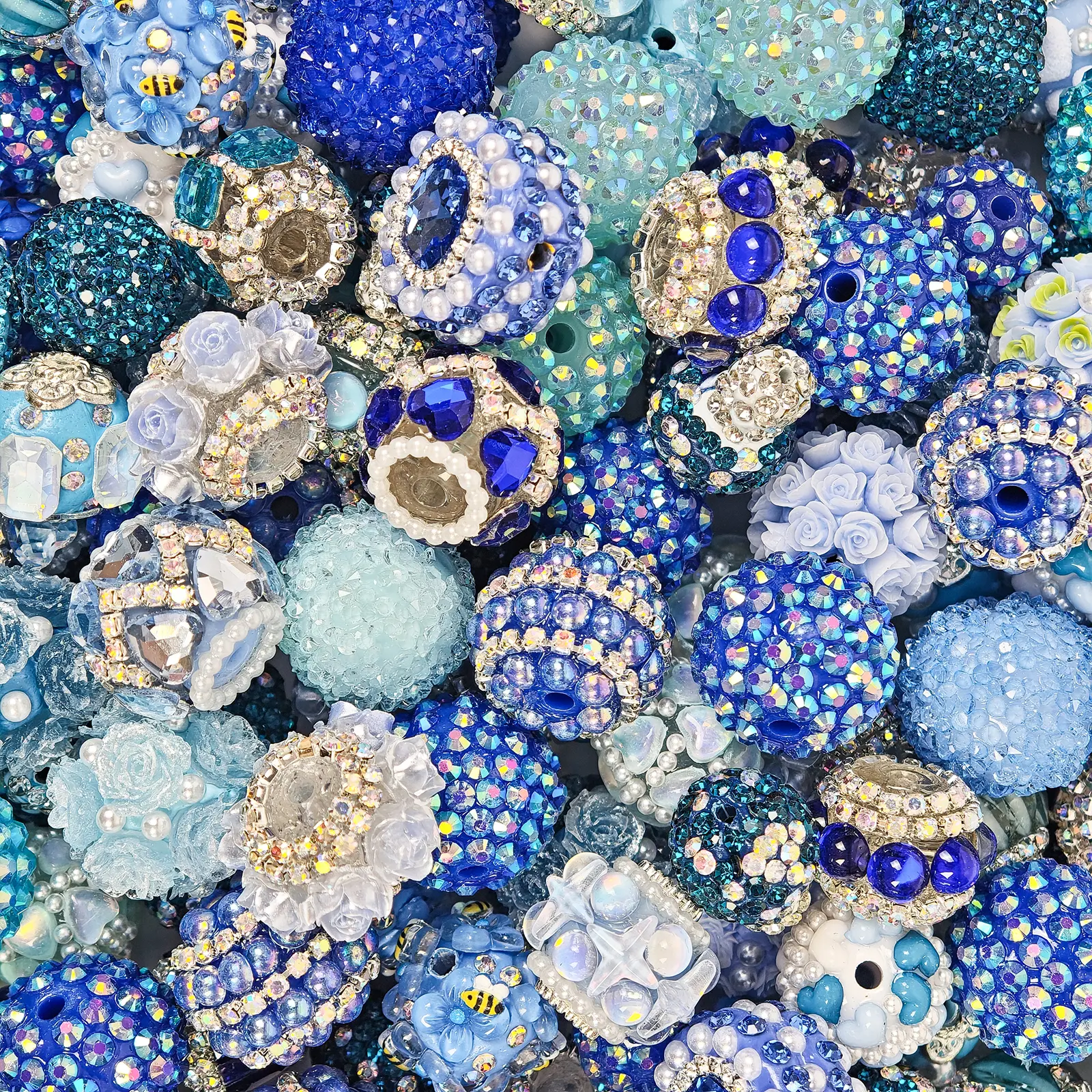 10pcs Random Mixed Blue Tone Rhinestone-Wrapped Multi-Shape Large-Hole Resin Beads, DIY Beading Accessories for Beads Making, DIY Projects & Jewelry-Making Craft Supplies