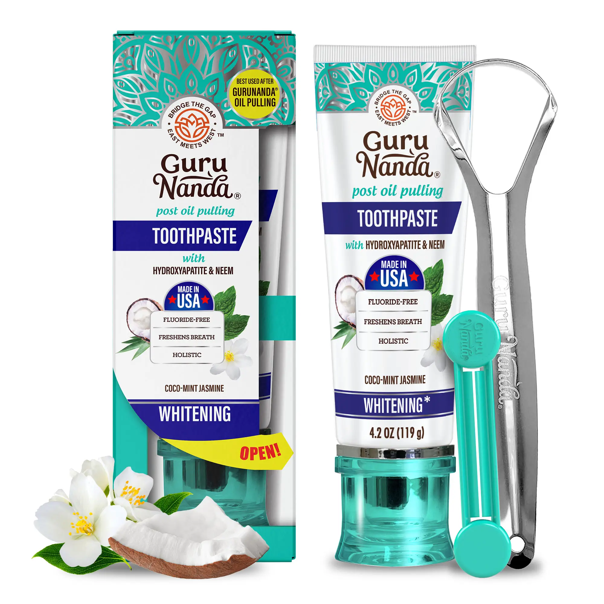 GuruNanda Non Fluoride, Hydroxyapatite, Whitening Toothpaste - Freshens Breath, Fights Plaque - CocoMint Jasmine Neem, 4.2oz