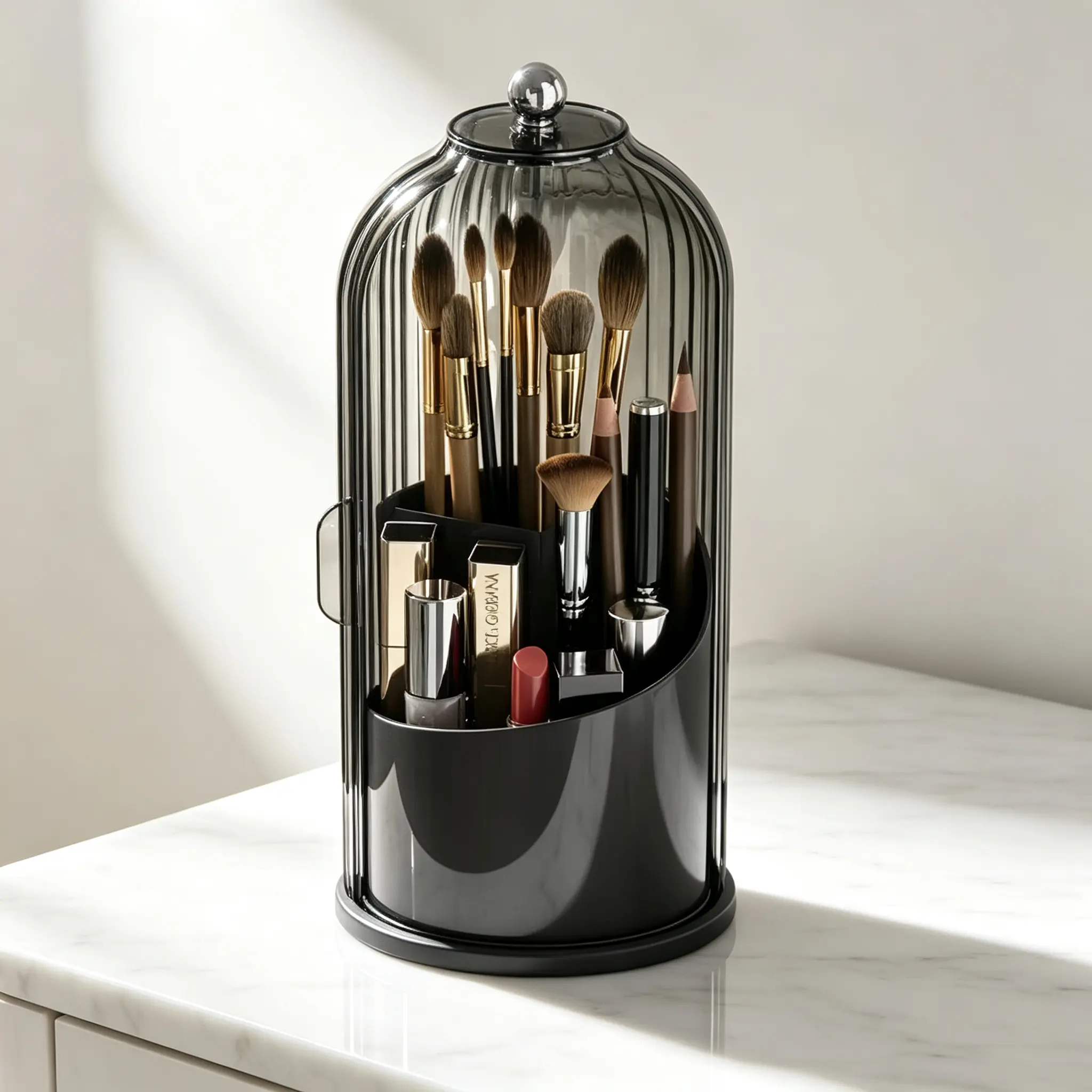 Rotating Makeup Brush Holder with Dustproof Lid, 360 Degree Swivel Cosmetic Organizer for Vanity Bathroom Countertop, 3 Slot Clear Storage Caddy for Brushes Lipsticks Eyeliners Skincare Tools, Electric Toothbrush Compatible, Compact Space Saving Desk