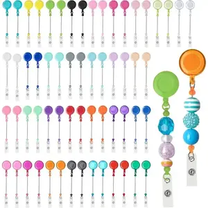 60 Pcs Beadable DIY Badge Holder Set Heavy Duty Retractable Keychain Badge Reel Clips ID Name Badge Clip with Belt Clip Blank Jewelry DIY Gift for Office Worker Doctor Nurse Employee Supplies