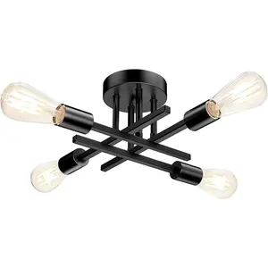 Semi Flush Mount Ceiling Light Fixture Matte Black, Modern Sputnik Close to Ceiling Light, Chandelier Light Fixture Ceiling for Bedroom Kitchen Living Room Dining Room, 4 Light E26 Socket