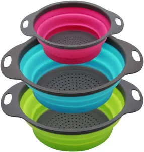 Set of 3 Collapsible Silicone Colanders – 2 Large 4-Quart & 1 2-Quart Strainer – Ideal for Pasta, Veggies, & Fruit – Green, Blue, Purple