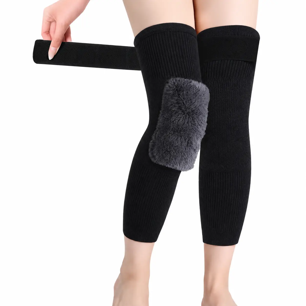 A pair of fleece‑lined thermal knee warmers featuring a thicker, longer design and anti‑slip straps, suitable for people with cold or uncomfortable knees; easily handles warmth and protection during commuting, cycling, and other outdoor activities.
