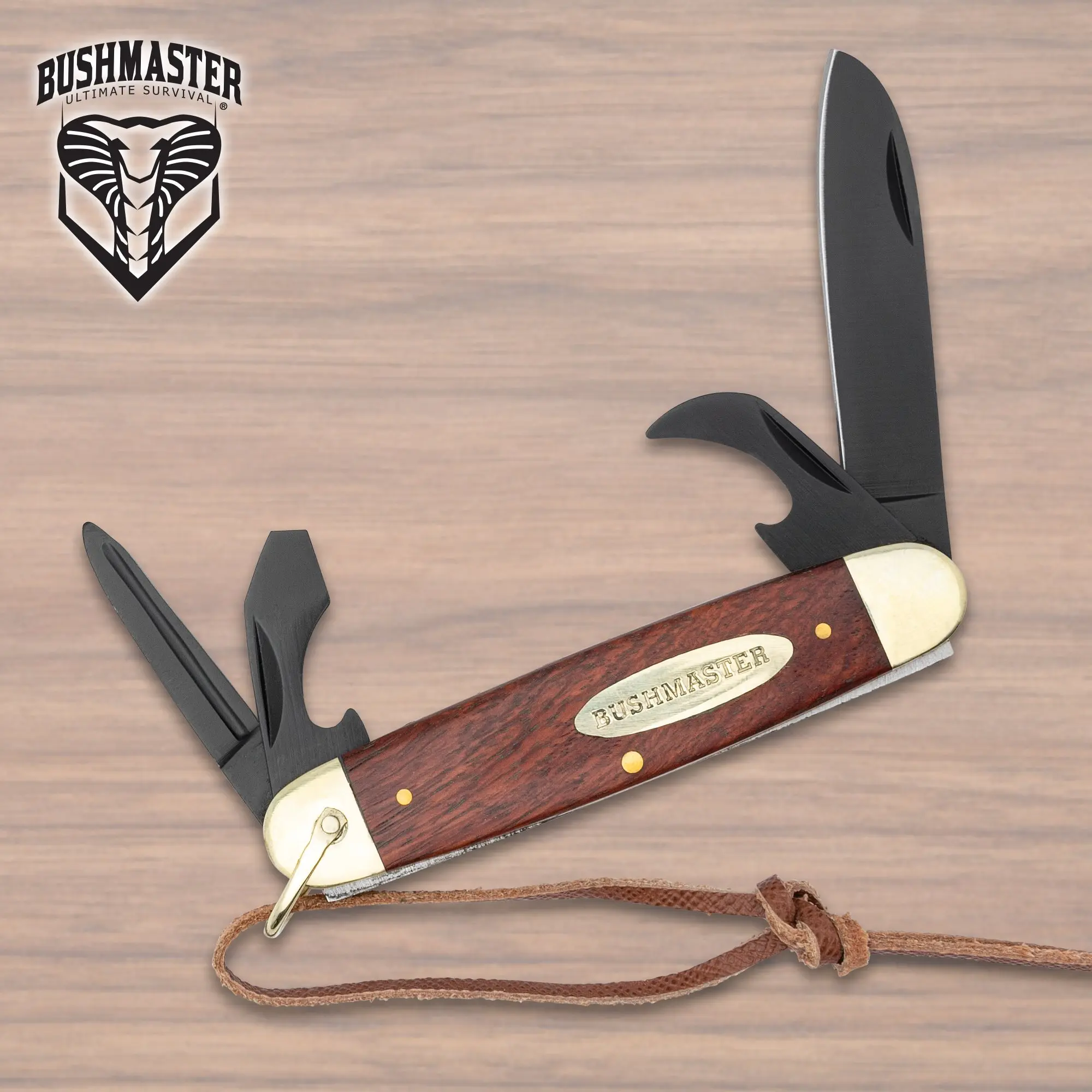 Bushmaster Ranger Scout Pocket Knife, Carbon Steel Multi-Tool with Classic Wood Handle and Leather Lanyard, Compact EDC, Edc Fixed-Blade Knives
