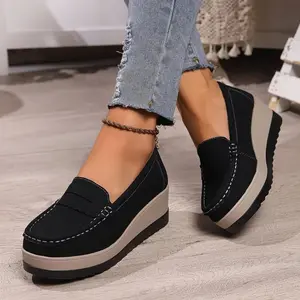 Comfortable Elevator Loafers for Women - Round Toe, Slip-On, Heightening, Breathable, Soft Insoles, Casual Outdoor Shoes Daily High Flatform Girl Black Footwear