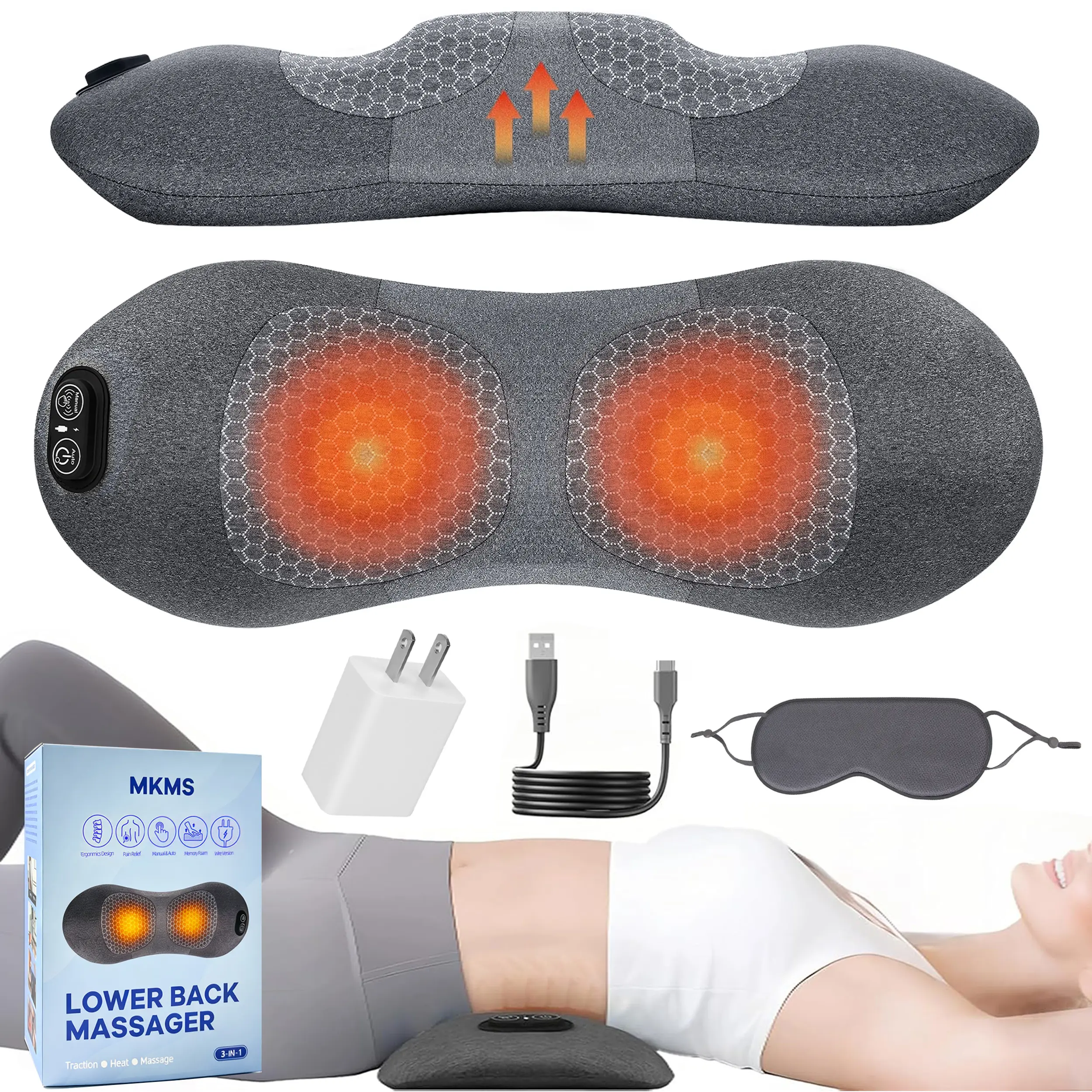 3-in-1 Lumbar Massage Pillow with Heat, Vibration, Traction - Relaxing Therapy for Low Back Pain Relief, Ergonomic Support Pillows for Car, Office, bedrooms Daily Use, Heat Massage Devices