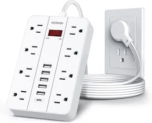 HUNIAN Power Strip with USB Ports Flat Plug Extension Cord Surge Protector for Home Office Use