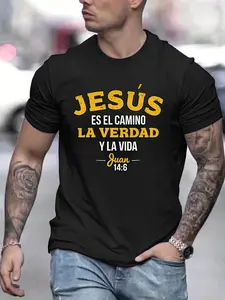 Jesus Es El Camino La Verdad Y La Vida Spanish Bible Verse Graphic Tee, Latino Religious Style Crew Neck T-Shirt, Men's Daily All-Match Top