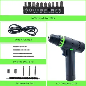 Holyever 12V Cordless Drill Driver and Tool Set, All-in-One Portable Repair Tool Kit, Professional Household Basic Hand Repair Tool Set