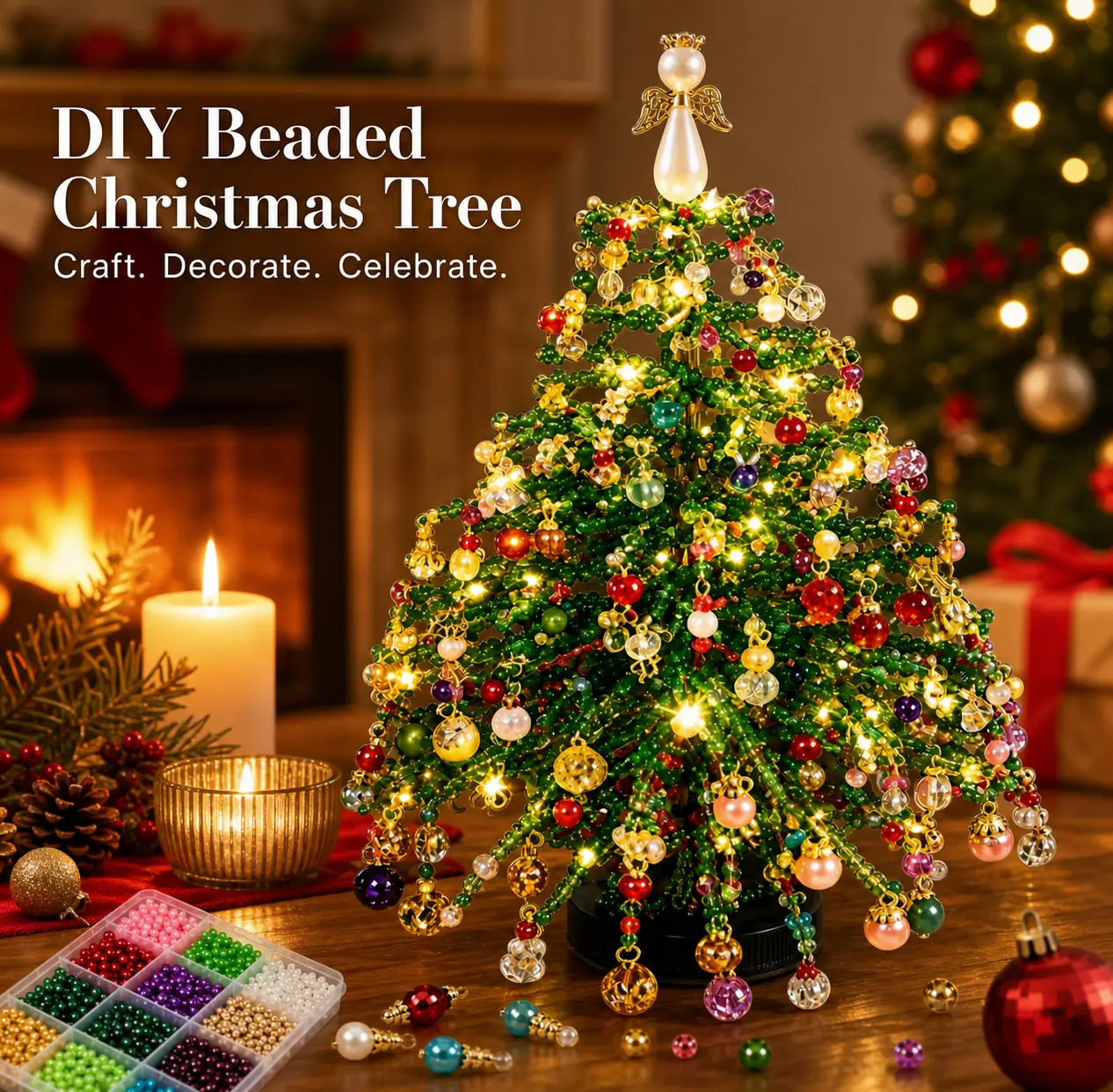 DIY Beaded Christmas Tree Kit, Crystal Holiday Craft Set for Adults | Colorful Beads, Ornament Charms, Metal Frame, Angel Topper, Warm Glow Display, Tabletop Decor, Relaxing Project, Holiday Gift
