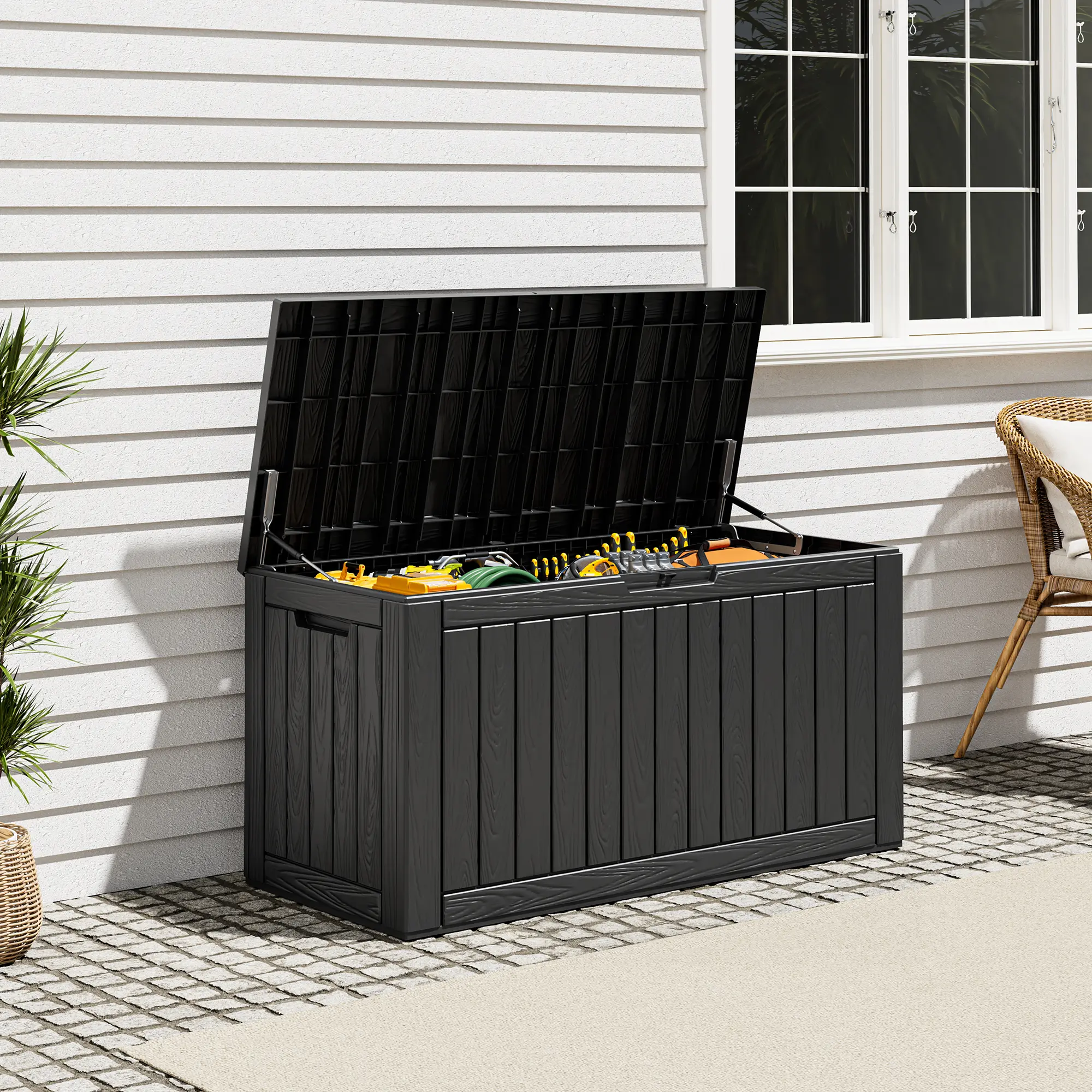 100 Gallon Outdoor Storage Box, Outdoor Storage Box with Locking Design,  Waterproof, UV Resistant,Convenient to Organize, Ideal for Outdoor Pool, Garden, Deck and Patio Use,Summervibes