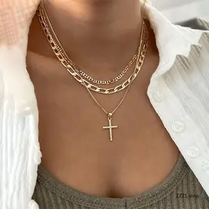 Gold Layered Necklace Set for Women, Trendy Chunky Cuban Link Chain Choker, Aesthetic Rhinestone Cross Crucifix Pendant Multi Layer Adjustable Jewelry Gift Daily