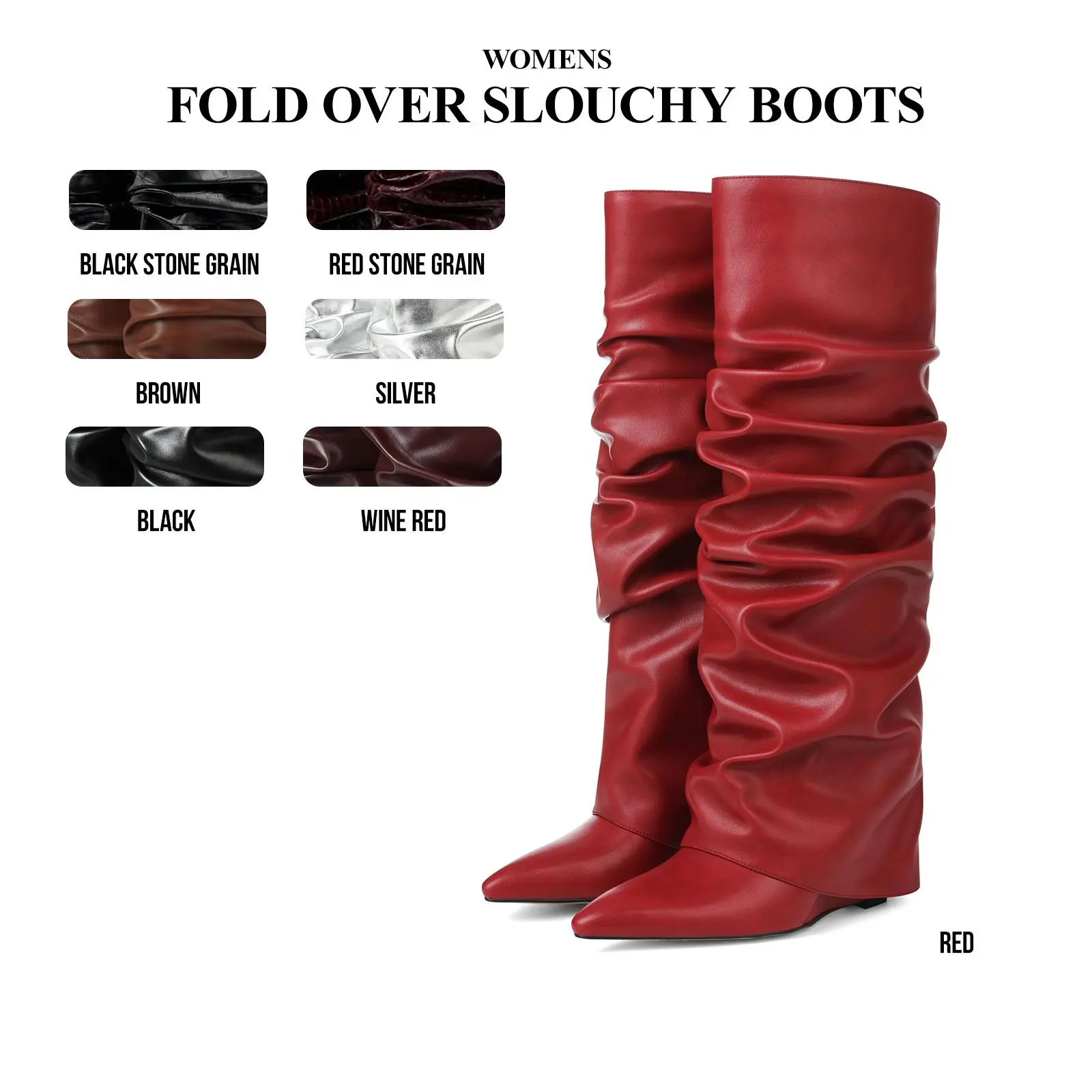CYNLLIO Womens Fold Over Slouchy Knee High Boots Pointed Toe Covered Wedge Heel Pull On Wide Calf Shark Boot Comfy Fashionable Dating Outing Holiday Dress Spring Summer Boots