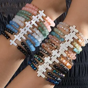 22pcs Boho Multicolor Resin Cross Elastic Bracelets -Bright Colors with Cross Charms, Daily Wear, Favors, Pack for Gifts & Year-Round Wear for, for