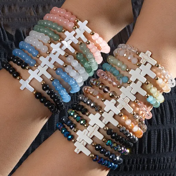 22-Pack Boho Stacking Bracelets, Multicolor Resin Elastic Bracelet Set with Cross Charms, Rainbow Jewelry for Party Favors & Daily Wear, Rainbow Bracelet, Pretty Bracelet