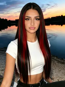 Black Red Highlight 13x4 Lace Front Wig Skunk Stripe Highlight Straight Wig Soft HD Transparent Lace Frontal Wig Free Part Pre Plucked Natural Hairline Heat Resistant Synthetic Wig for Women Daily Wear Party Festival 28 Inches