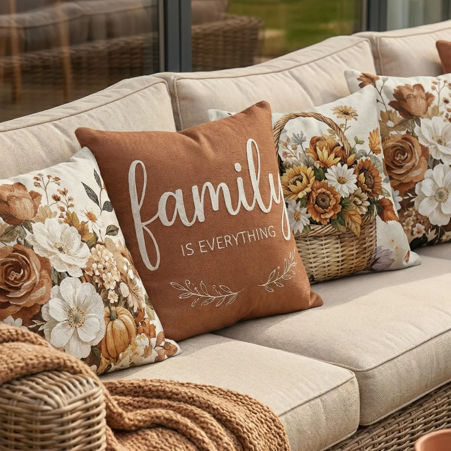 Set of 4 Decorative Spring Wreath Pillow Covers - Terracotta Home Quote & Autumn Floral Basket Linen Cushion Case for Farmhouse Decor Room Bedroom Sofa Chair Car Bedroom Decorative Accessories 26-1-7