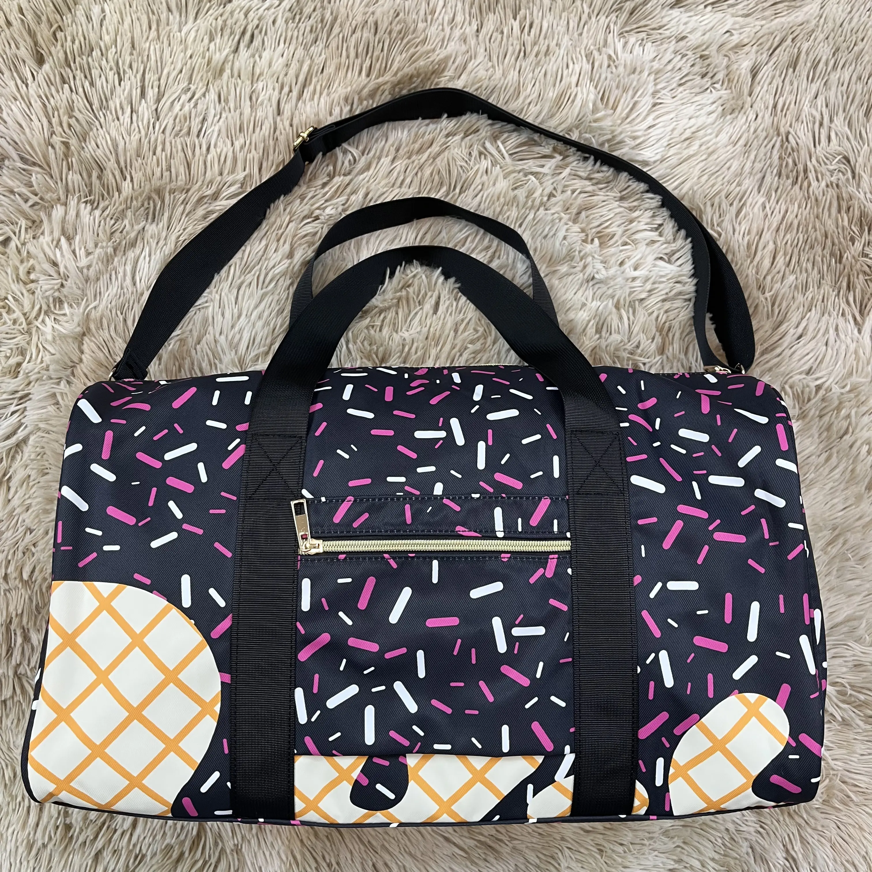 Unisex Cute Travel Duffel Bag with Ice Cream Drip & Sprinkles Print - Lightweight Weekender for Gym, Overnight Trips, Cute Travel Bags, Duffel/Weekender Bag