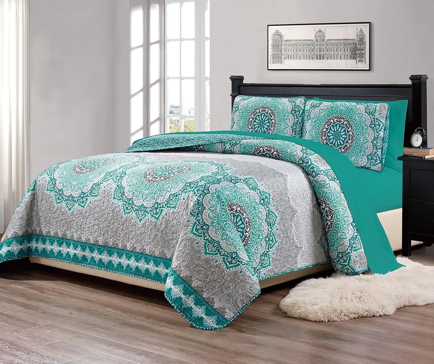 Fancy Collection 7 Pc Over Size Quilted Bedspread with Matching Sheet Set Medallion Elegant Design Aqua Turquoise Coastal Plain/Gray Green White King New