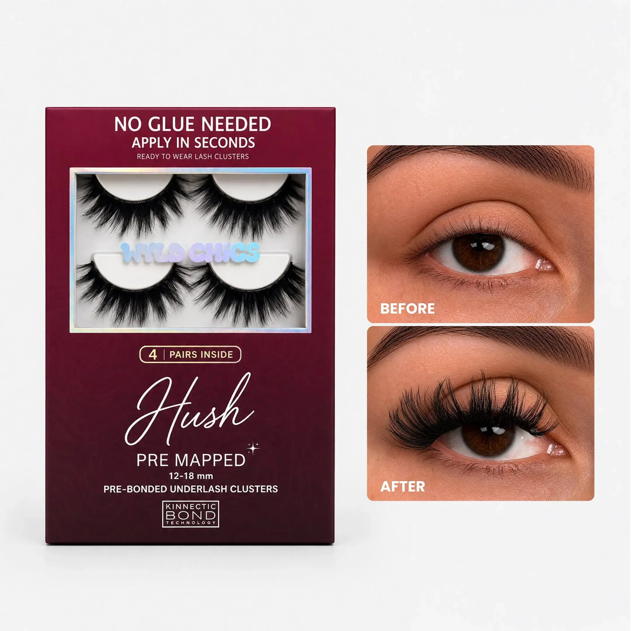 Hush - Pre-Mapped Self Adhesive Lash Clusters - 4 Pairs Underlash Clusters - DIY Pre Glued Lashes - No Glue Apply in Seconds