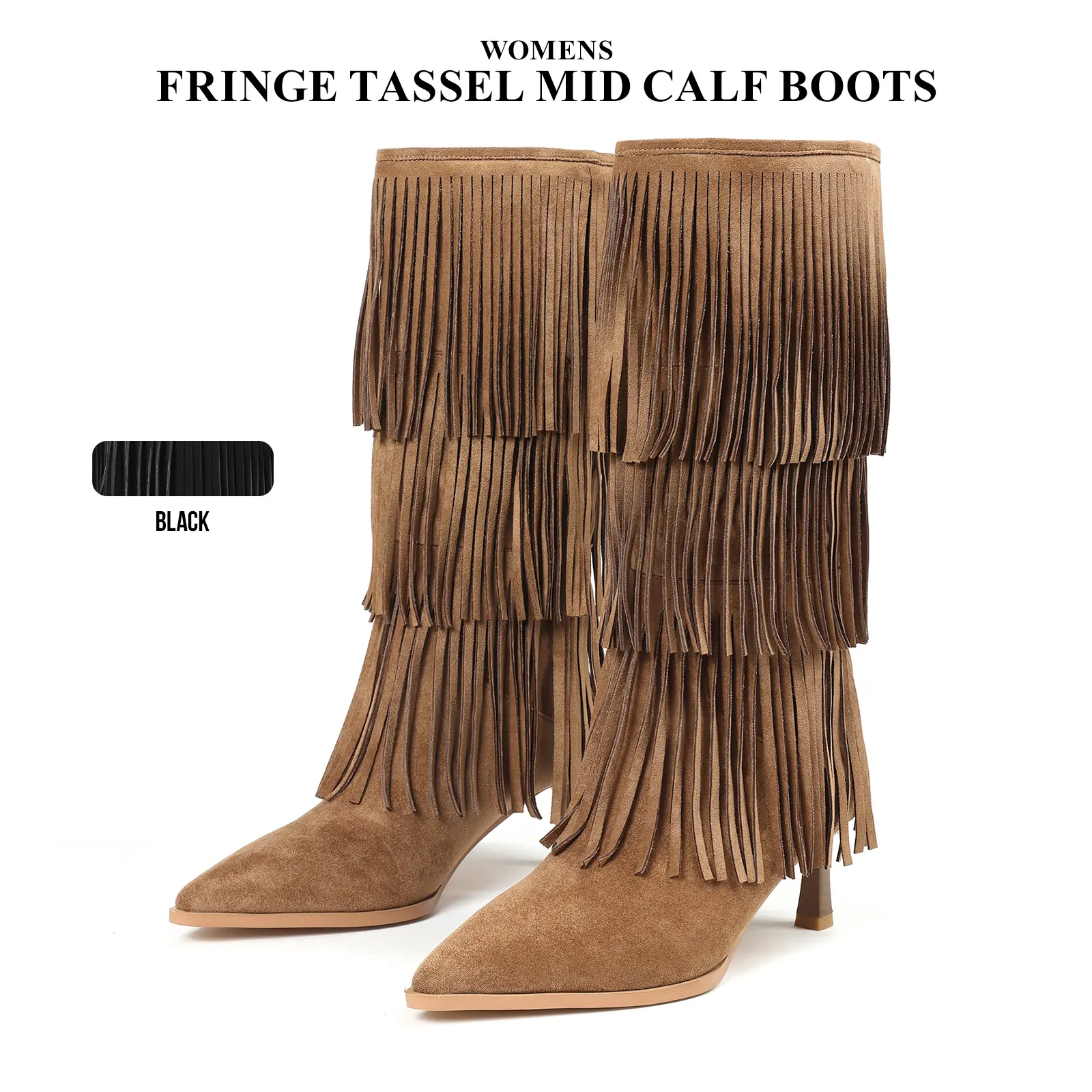 CYNLLIO  Womens Fringe Tassel Mid Calf Boots Pointed Toe Kitten Heels Suede Fashionable Pull On Comfy Outdoor Party Nightclub Event Summer Western Cowgirl Boots