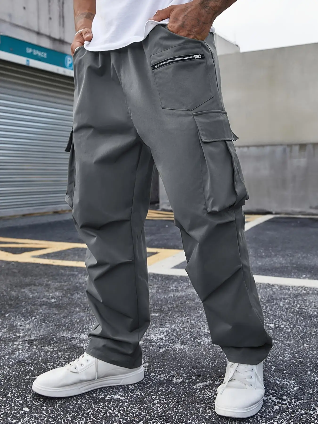 【Plus Size】 Solid Drawstring Waist Cargo Pants, Casual Streetwear Pants for Daily Wear, Men's Trousers for All Seasons, Menswear