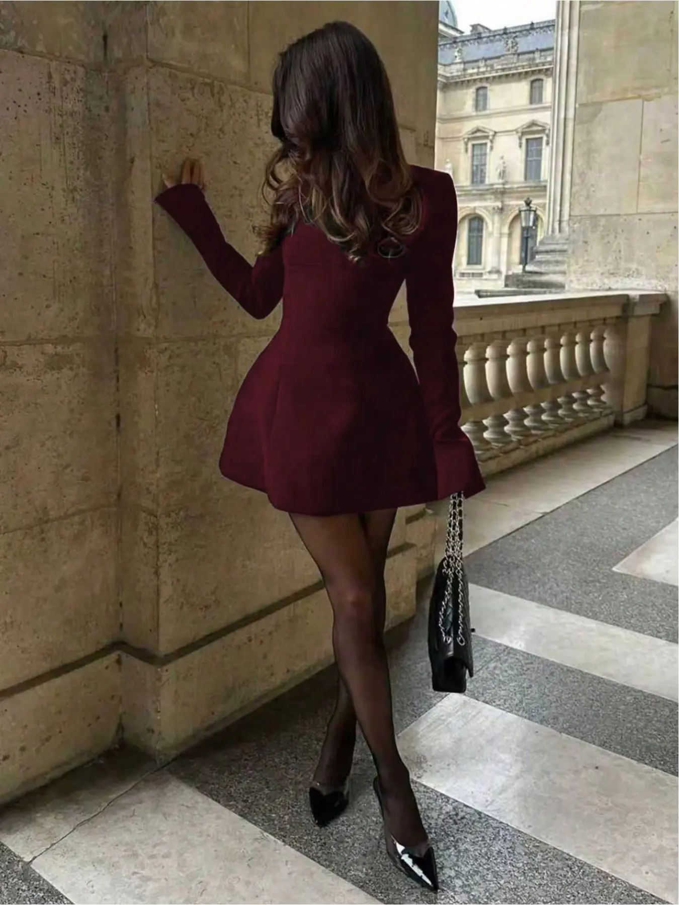 Elegant everyday business casual Chic Solid Fitted blazer dress with a cinched waist and open back, long sleeve dress casual elegant style
