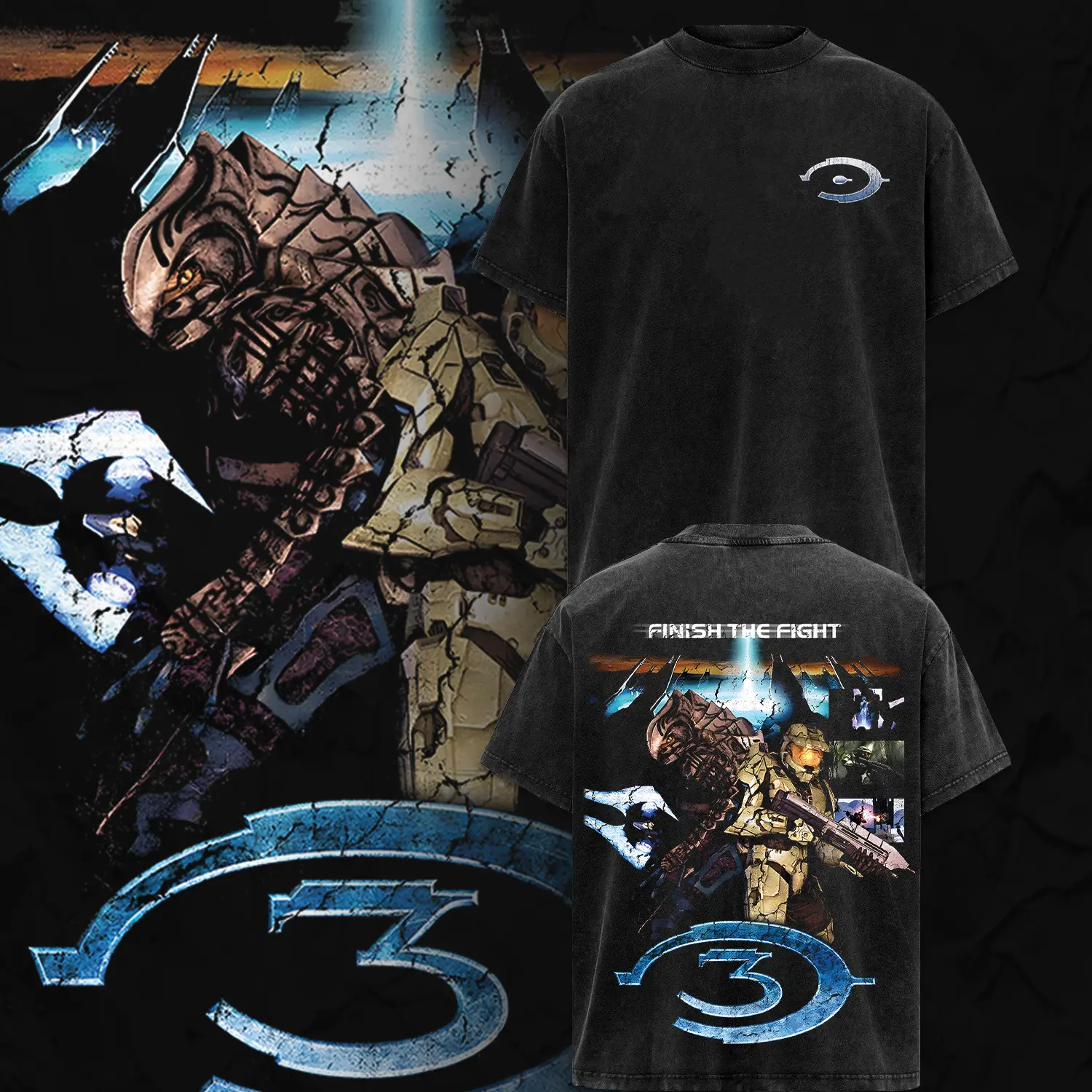Halo Video Game Fan Retro Washed Double Sided Print Noble Team Emile Tee Soft Cotton Relaxed Crew Neck Short Sleeve Shirt Vintage Grunge Sci Fi Streetwear Weekend Party Travel Casual Fashion Top