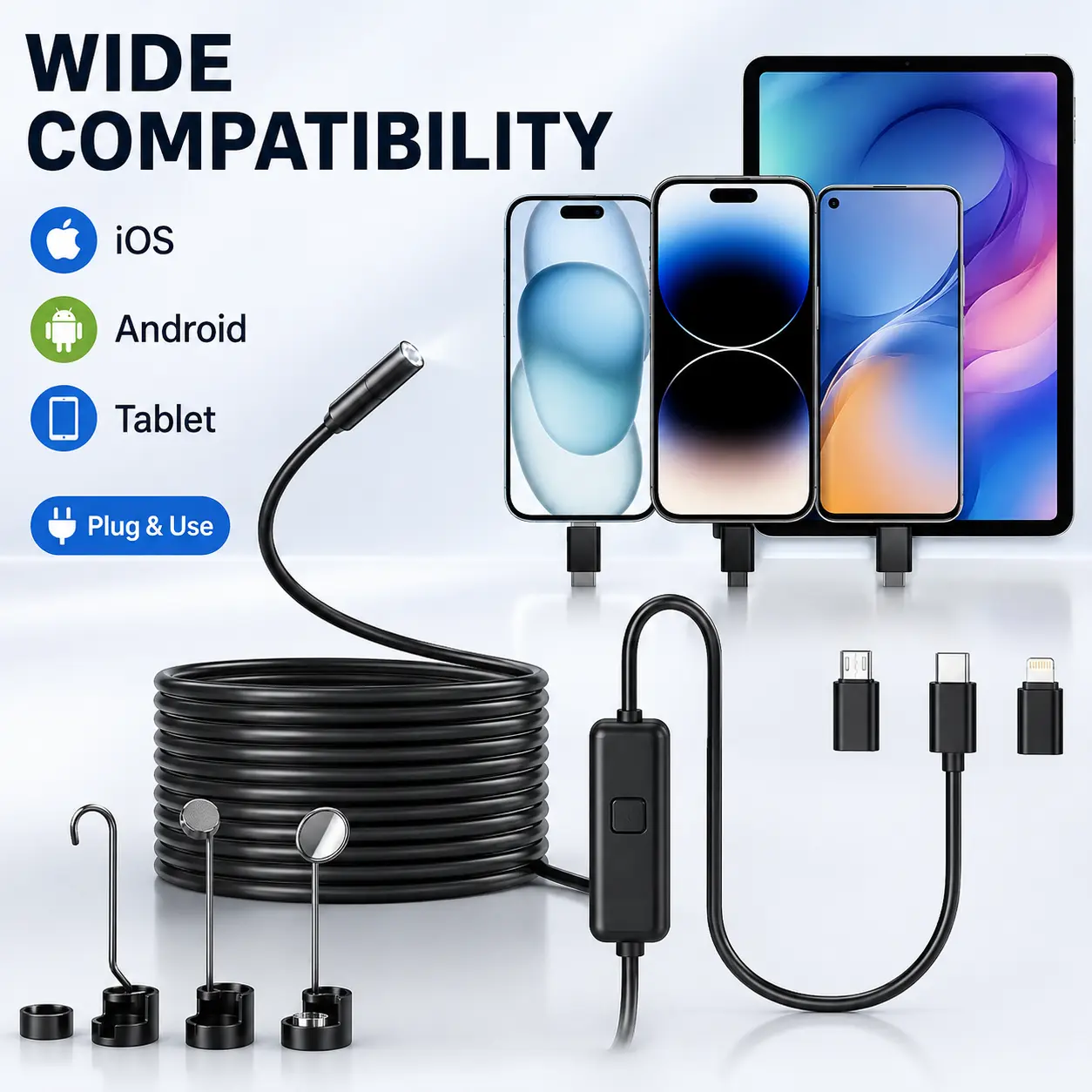 1920P HD Borescope Camera with 8 Adjustable LED Lights, 16.4ft Semi-Rigid Snake Camera, IP67 Waterproof Car Repair Diagnostic Tool for iOS & Android with Borescopic View