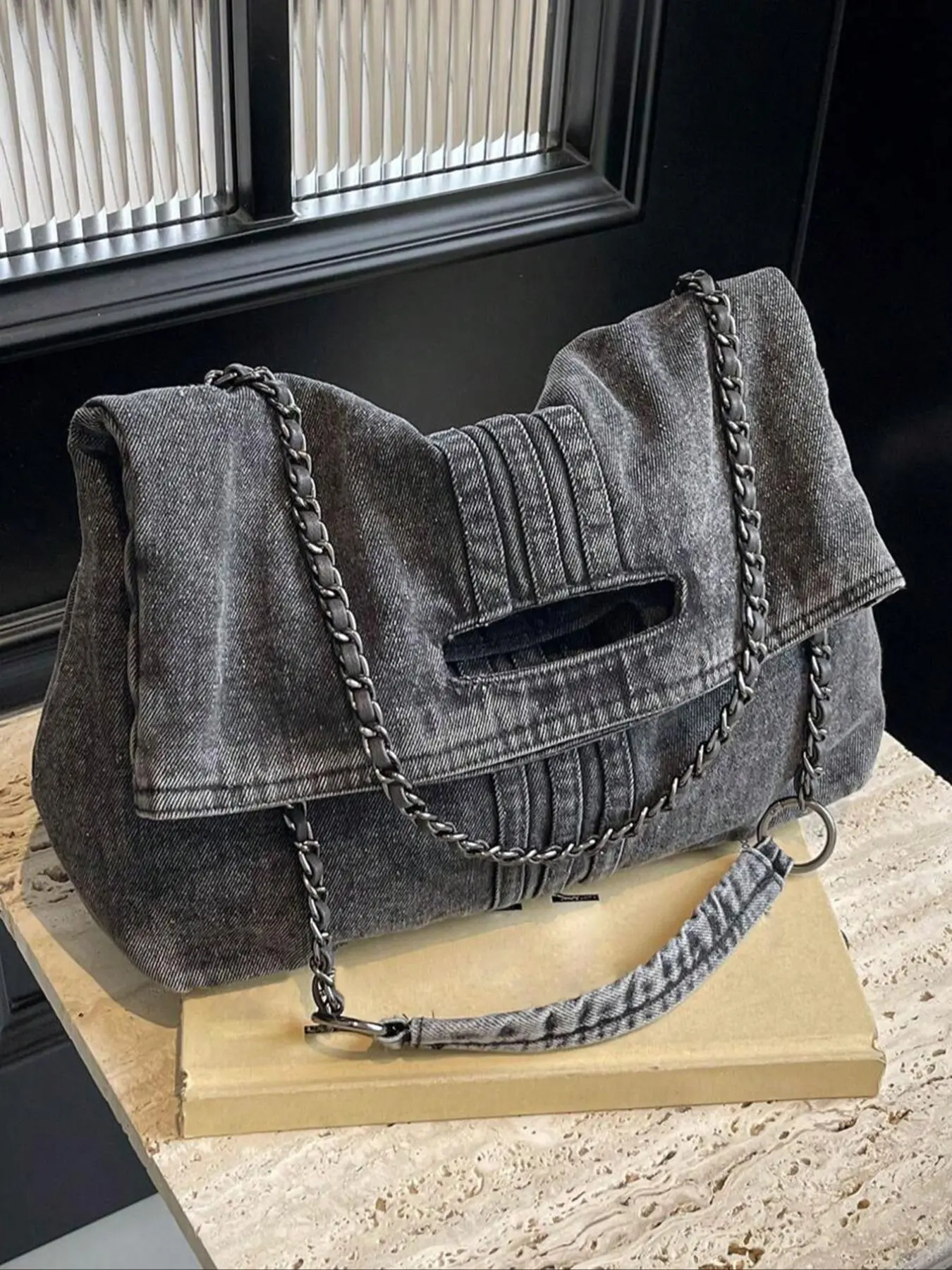 Women's Large-Capacity Denim Shoulder Bag, Chain Strap Crossbody Messenger Bag, Casual Daily Commuter Bag, Everyday Shoulder Bag