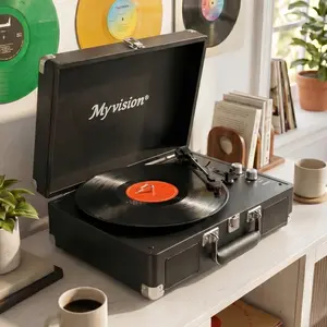 Myvision Vintage Litchi Grain Finish Vinyl Record Player - Newly Upgraded 3-Speed Portable Suitcase Turntable with Bluetooth Audio, Stereo Speakers, USB, DVD, BGM Functions - Home Decoration, Mother's Day Gift, The Record Player