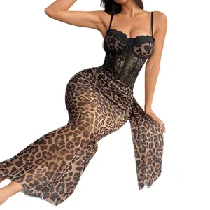 SULTRYGLOW Lingerie Dress Hot Girl Wild Leopard Print Wrap Sexy Lace Slim Dress