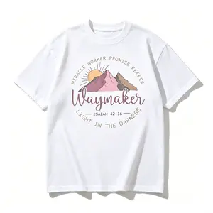 Miracle Worker Promise Keeper Short Sleeve Round Neck Casual Church Wear With Jesus Name & Religious Message, All-Season Comfortable Christian Apparel Vintage Washed Cotton Short Sleeve T-Shirt Crew Neck Soft Casual Tee For Men Women In Cute