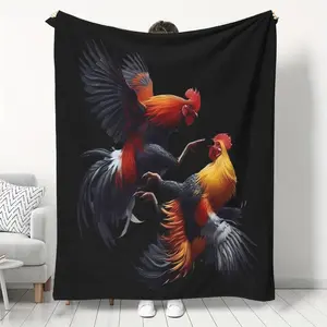 Ultra-Soft Warm Multi-Size Rooster Print Flannel Weave Blanket - Modern Vibrant Red Combat Roosters Design, Durable All-Season Polyester Blend, Ideal for Couch, Camping, Perfect Gift for Farmers