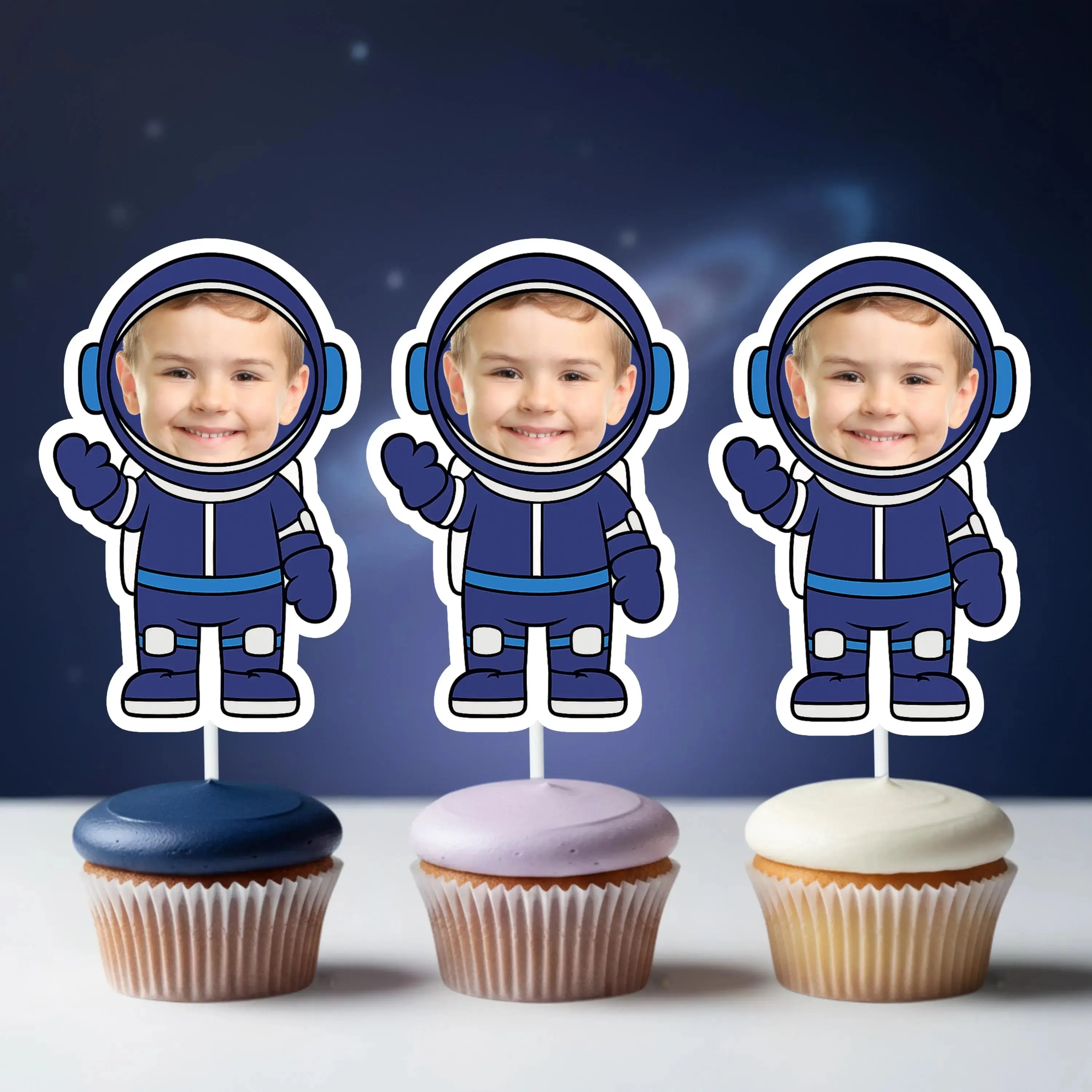 Blue Astronaut Photo Cupcake Toppers Set Packs, Personalized Outer Space Party Decor for Birthdays, Kids' Parties, Sets of 12-18-24