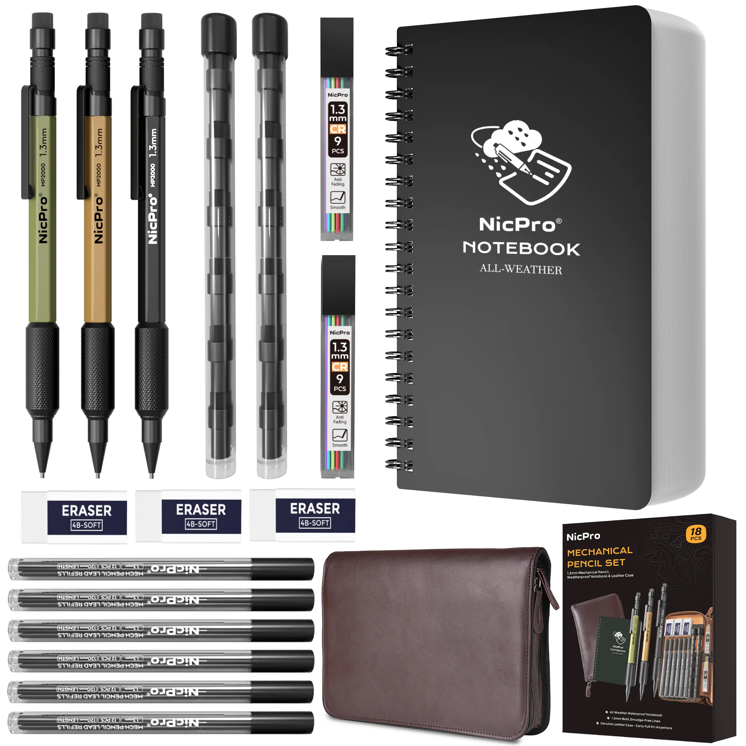 Nicpro 1.3mm Mechanical Pencils Set - Leather Bag, Waterproof Field Notebooks, 3PCS Heavy-Duty Compact Metal Carpenter Pencils, Lead Refills, Eraser, Office Stationery for Outdoor Journaling, Compact Metal Pencils
