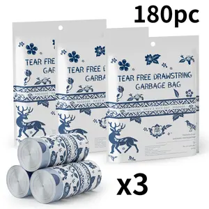 180 counts13 Gallon Family Size Blue and White Patterned Trash Bags with Drawstring Closure, Blue and White, Odorless Tall Kitchen Trash Bags, Leakproof, Tear-Proof, Durable Closure, Sealed Trash Bags for Office, Kitchen, Bedroom Trash Cans