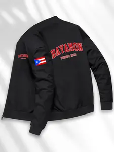 Men's Outdoor Casual Jacket, Puerto Rico Print, Heavy Zipper Jacket, Full Zip Closure, Letters, Fall & Winter
