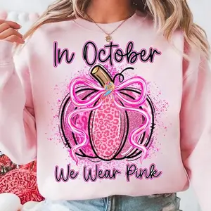 In October We Wear Pink TShirt - Breast Cancer Pumpkin Tee, Pink Ribbon Splatter Shirt, Breast Cancer Awareness Tee, Faux Glitter Shirt, Pink Ribbon