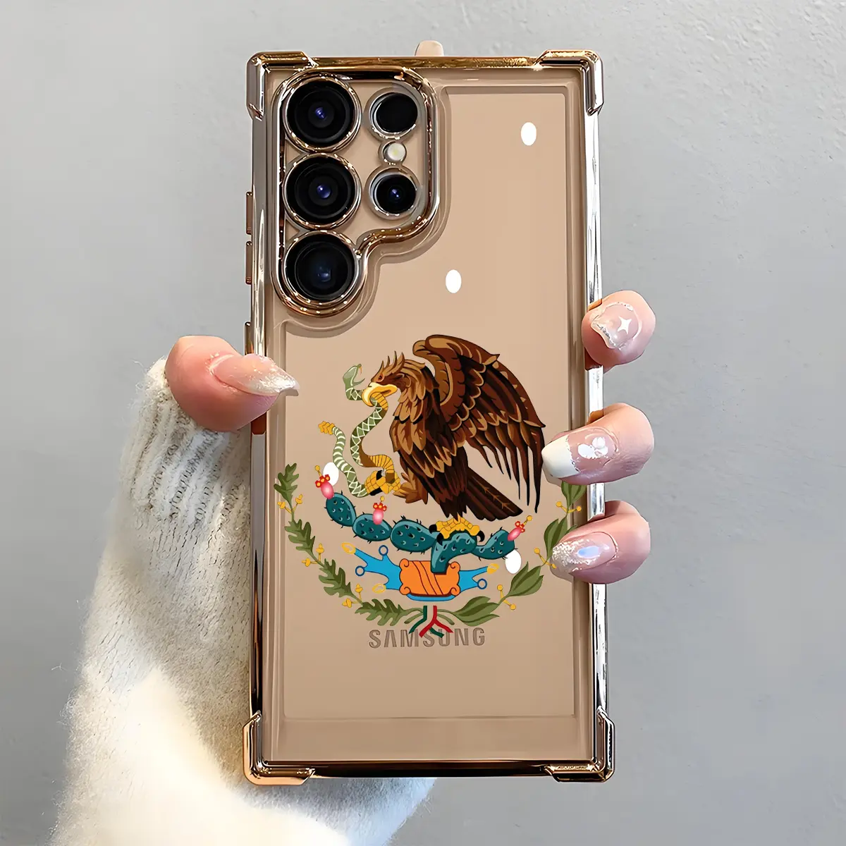 Mexican Golden Eagle Badge Flag Design Phone Case, Electroplated Cover with Airbag Shockproof Slim Soft TPU Cover for Samsung S26 S25 S24 S23 S22 Ultra S25Edge S24FE Plus S25+