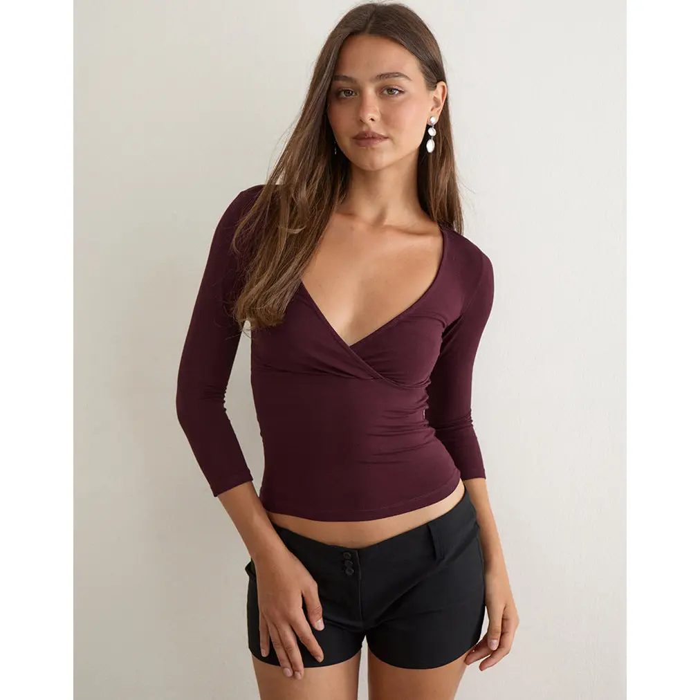 MOTEL Trudis Wrap Top in Jersey Dark Plum