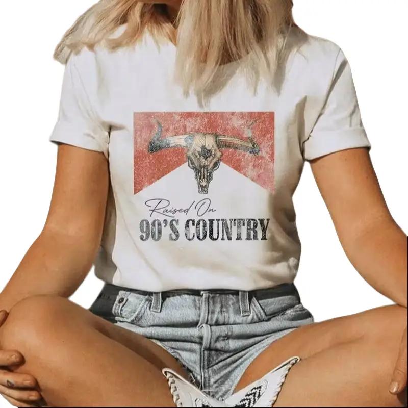 Women's Vintage Western T-Shirt - Casual Cotton Cowboy Top, Short-Sleeve, '90s Country Longhorn Skull Printed Design, Foldable, All-Seasons Tshirt, Crew Neck