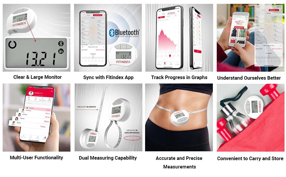 FITINDEX Smart Tape Measure with Bluetooth Free App for Fitness Portable Tool, Gym Automatic Retractable Tape, 60in /150cm, Metric Tape Measure