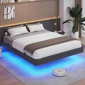 Sikaic Floating Bed Frame Linen Upholstered Platform With LED Lights Underbed Storage Space Dark Grey Angersbed Modern Headboard Unique Bedroom Furniture