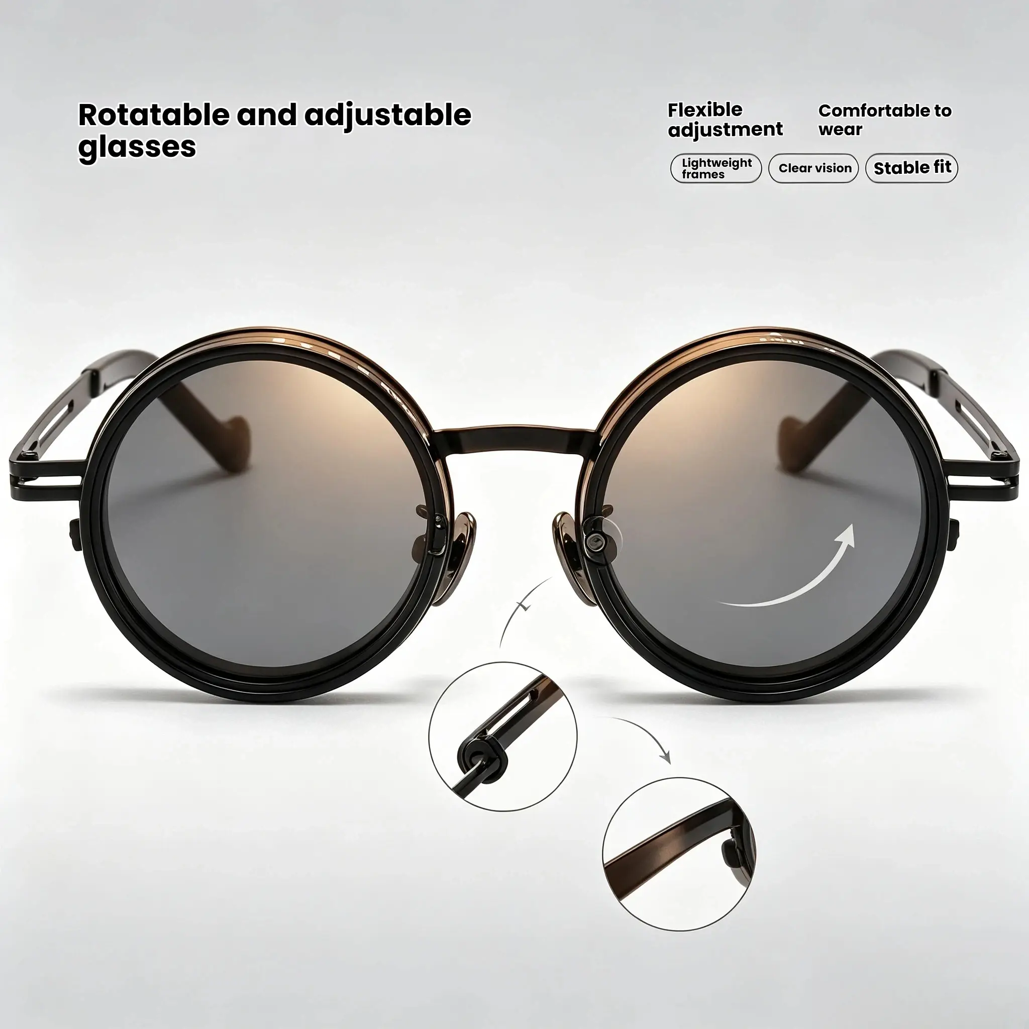 Retro Steampunk Round Sunglasses for Men & Women, Metal Frame Trendy Shades with 9-Speed Adjustable Tint, Polarized UV400 Sun Protective Lenses for Driving & Fishing, Sun Protective Eyewear, Styling Sunglasses, Metal Sunglasses