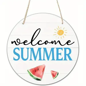 Welcome Sign Wood Plaque with Rope, Summer Round Hanging Wooden Plate, Outdoor Front Door Wall Farmhouse Decor, Modern Art Housewarming Gift 9.2x9.2 Inch, Rustic Farmhouse Design